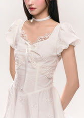 Slim Fit Hollow Lace Embroidered White Dress